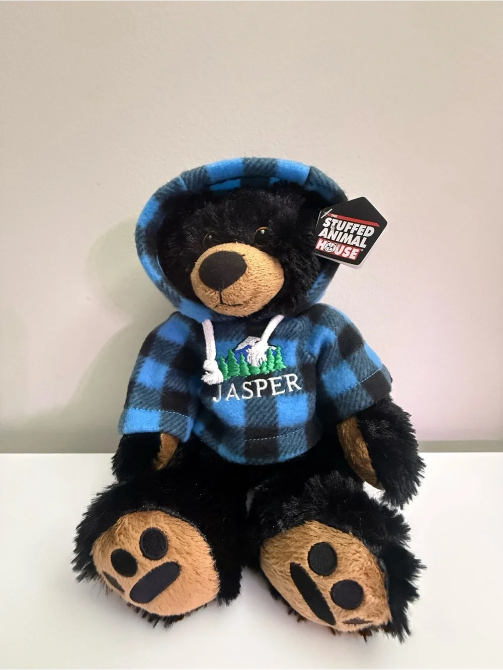 Stuffed Animal House Black Bear Plush Blue Plaid Hoodie Jasper Canada Souvenir